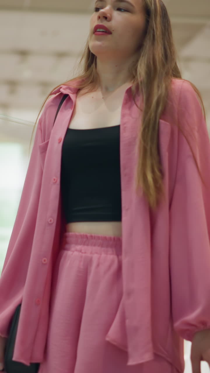 화려한 쇼핑 가방을 들고 분홍색 옷을 입은 아름다운 여인이 쇼핑몰을 걸어가며 미묘하게 미소 짓고 머리를 흔들고, 다른 쇼핑객과 배경의 마네킨과 함께