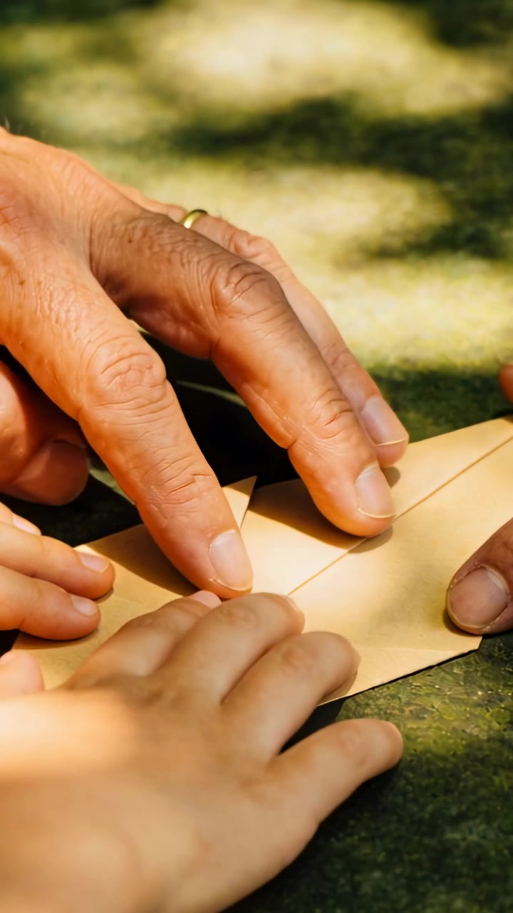 Video verticale: Una mano adulta si allunga per guidare un bambino, piegando carta beige su una panchina verde, mostrando un anello.