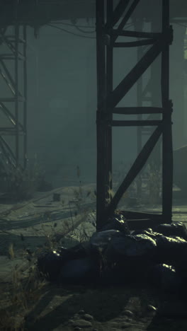 forgotten industrial site illuminated by foggy green light at nighttime