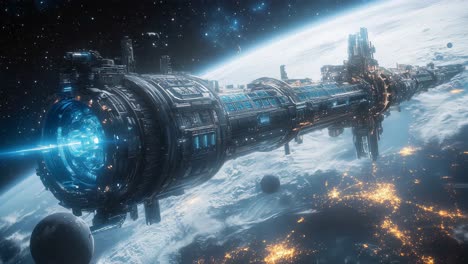 futuristic spaceship in orbit above earth
