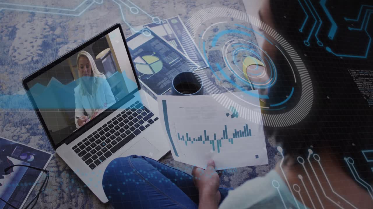 Animation of statistics and data processing over diverse business people having video call