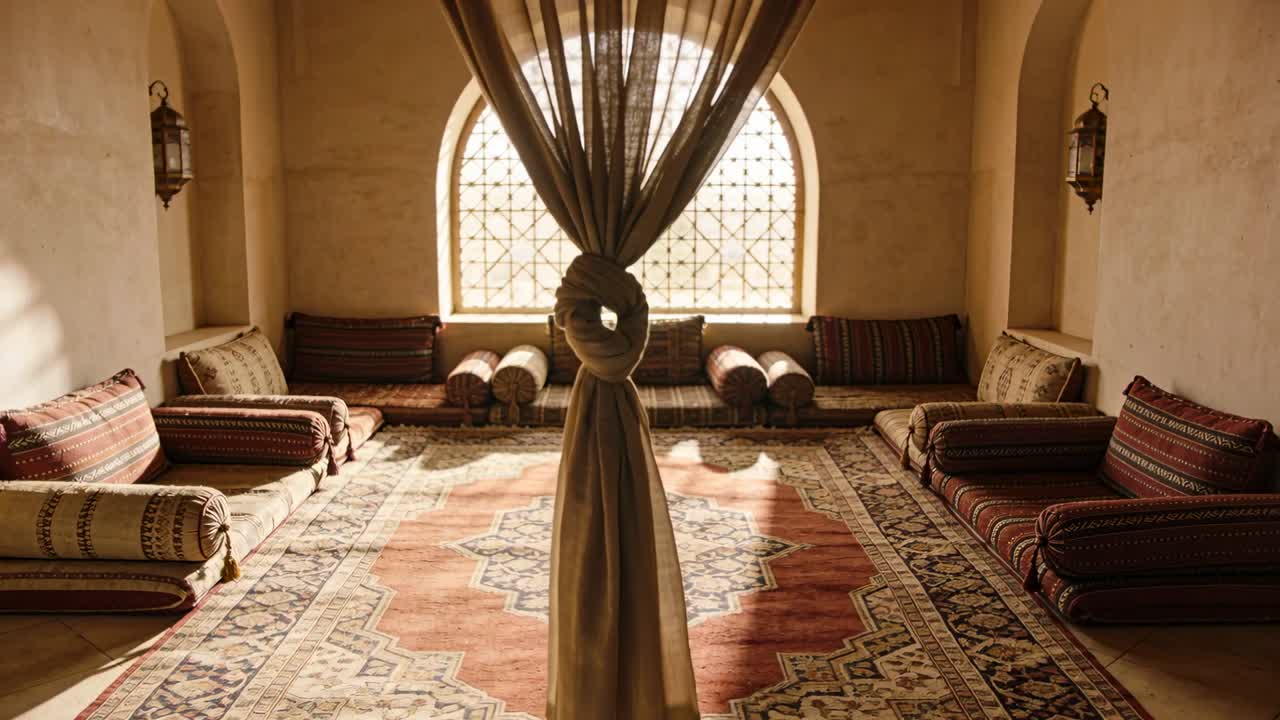 Shifting sunlight through arched window nudging knotted curtain in sitting room, moving rug shadows