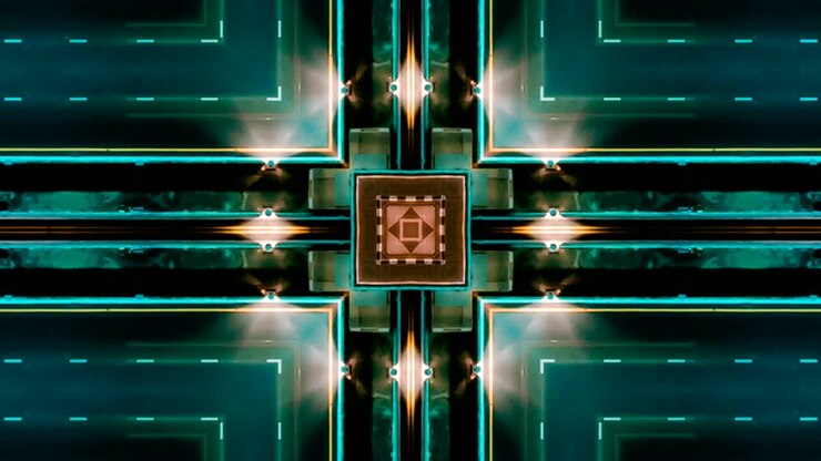 Seamless pattern. Geometric art abstract digital background with neon light lines square