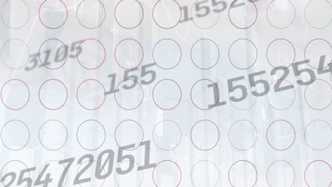 Animation of financial data processing over shapes on white background