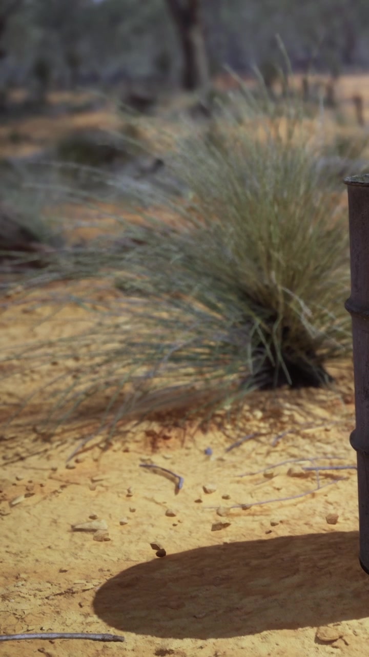 Fence post stands against sparse plants in a dry landscape during daytime