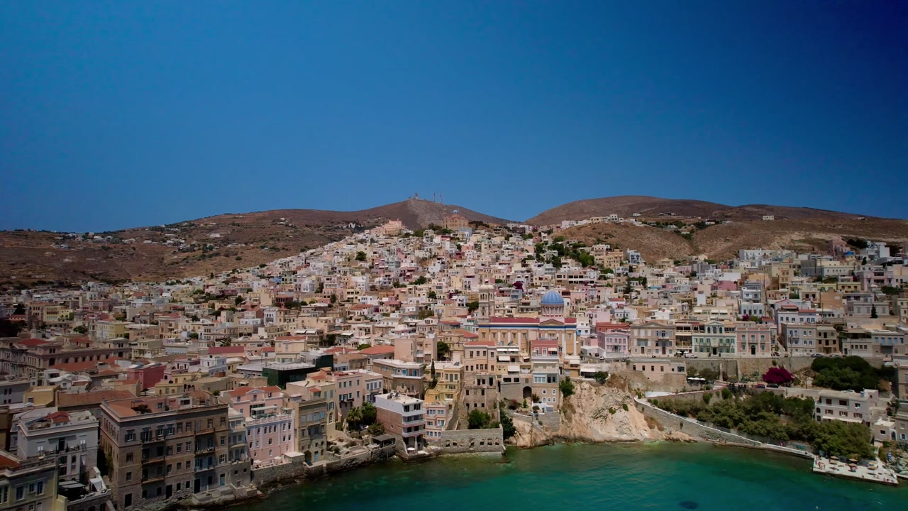 Aerial view showing ermoupoli, the capital city of syros island in the greek cyclades