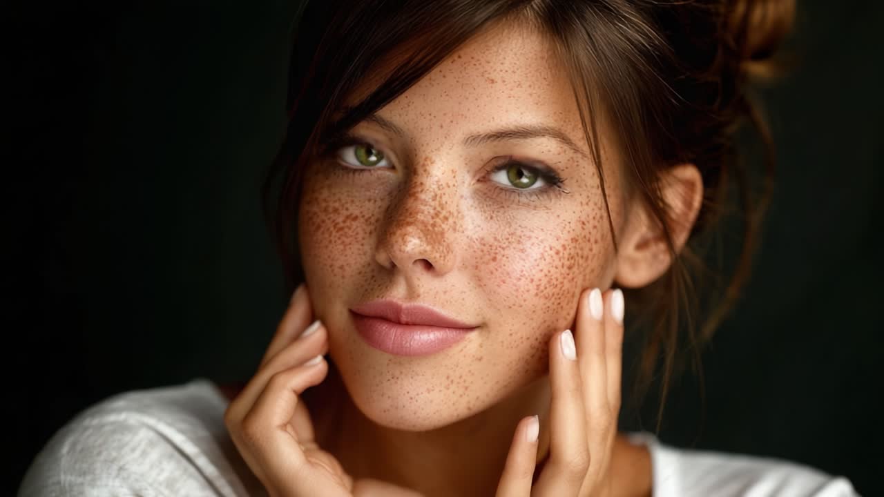 Captivating Portrait of a Young Woman with Freckles Emphasizing Natural Beauty, Charming Expression, and Intimate Engagement with the Camera