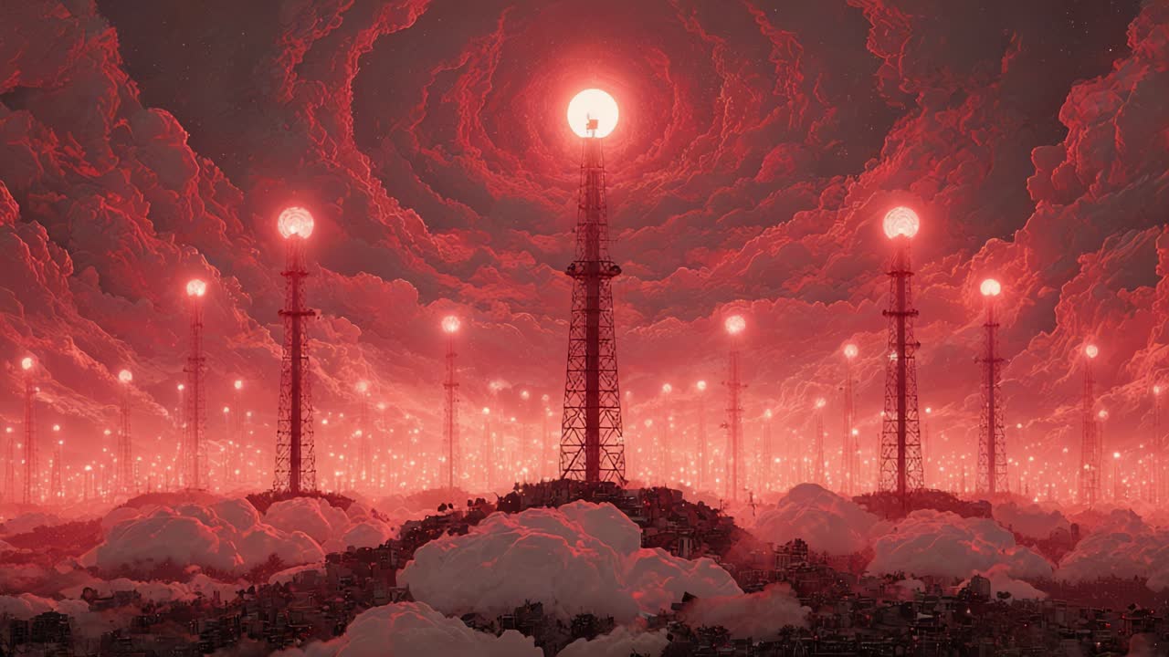 Apocalyptic cityscape filled with endless communication towers emitting a powerful red light into the stormy, cloudy sky, creating a surreal and ominous futuristic science fiction atmosphere