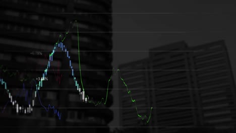 Animation-Der-Finanzdatenverarbeitung-Vor-Dem-Hintergrund-Einer-Luftaufnahme-Hoher-Gebäude