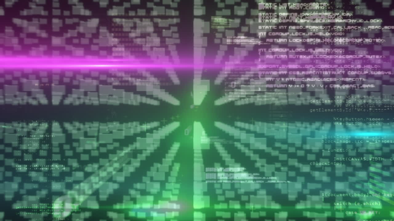 Animation of online security padlock, data processing over grid