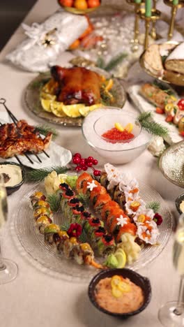 christmas feast with sushi and roasted duck