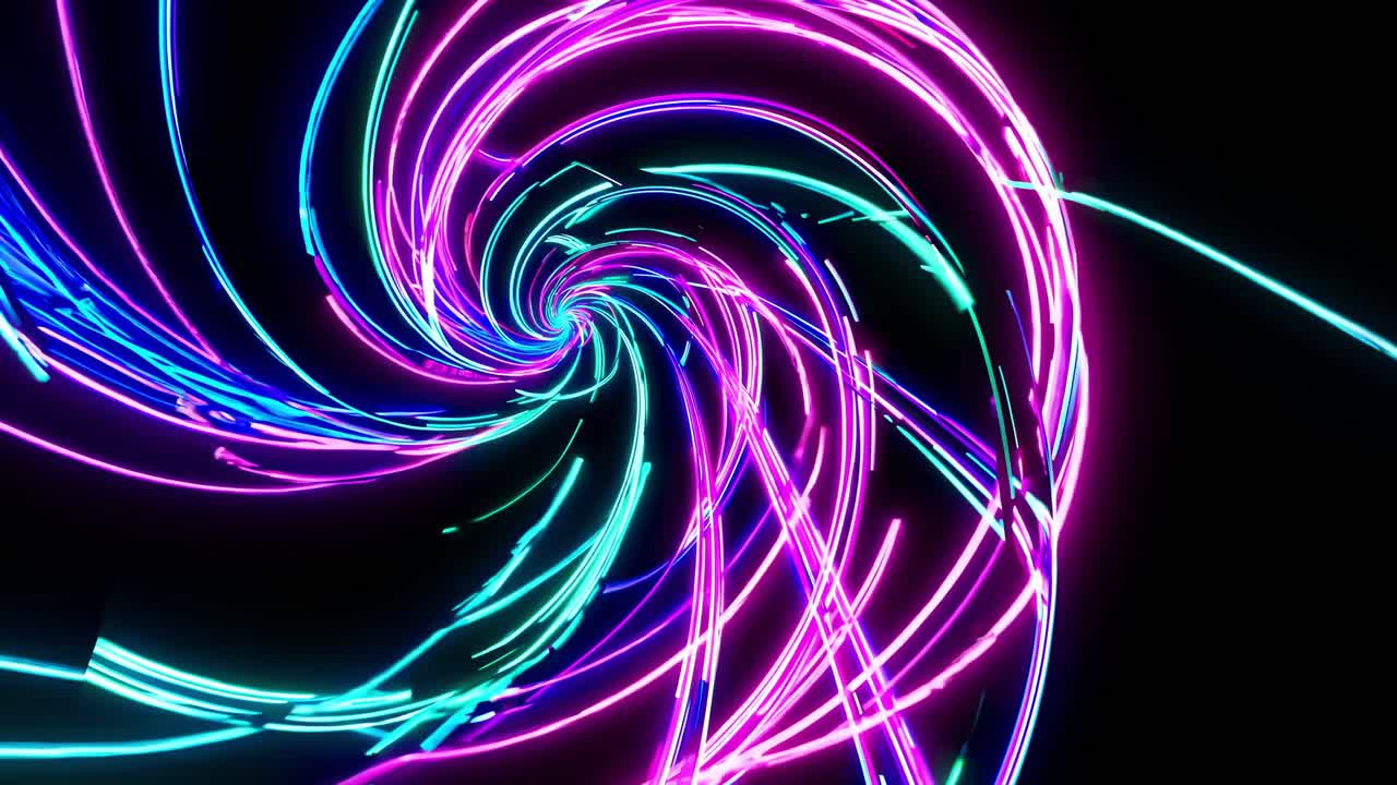 Bright neon light trails swirling into a captivating spiral pattern against a dark backdrop, exuding energy and movement while creating a vibrant, dynamic atmosphere