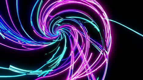 bright neon light trails swirling into a captivating spiral pattern against a dark backdrop, exuding energy and movement while creating a vibrant, dynamic atmosphere