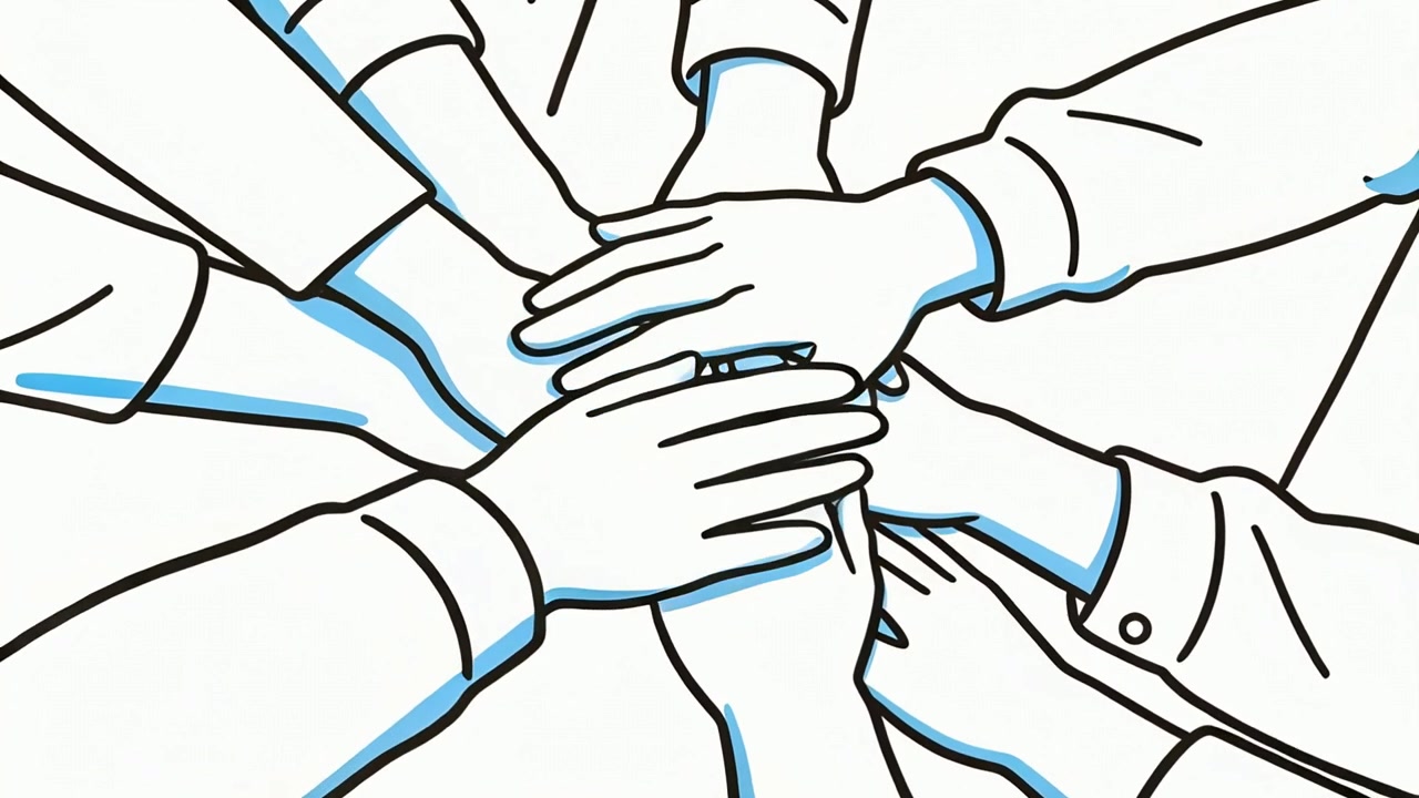 Reaching hands joining central stack on white background, showing unity with cuffs and blue shading