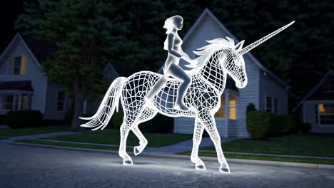 woman riding a glowing unicorn on a suburban street at night