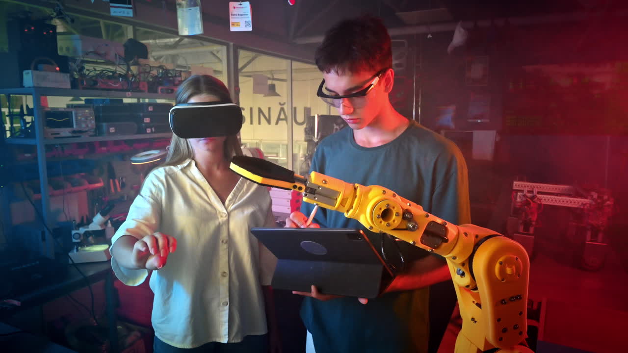 Teens doing experiments in robotics in a laboratory. Boy in protective glasses using tablet and girl in VR headset controlling the robot using her hand. Red and blue illumination. Slow motion