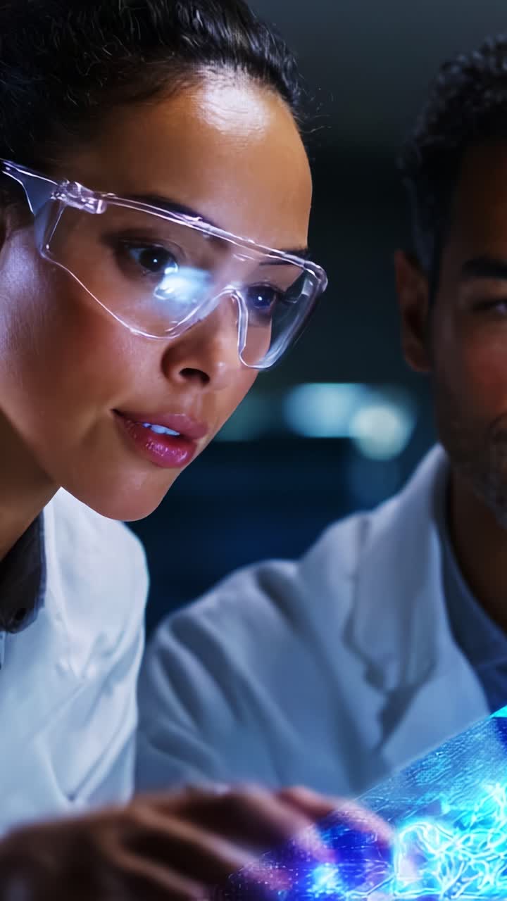 A focused scientist examines advanced technology, showcasing innovation and collaboration in a high-tech laboratory environment with stunning visual displays