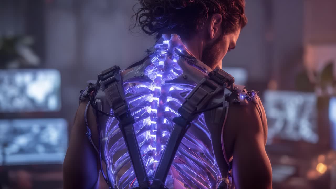 Um Ciborgue Futurista com Tecnologia Esquelética Iluminada Exibindo a Fusão Perfeita de Biologia e Tecnologia em um Ambiente Digital Avançado