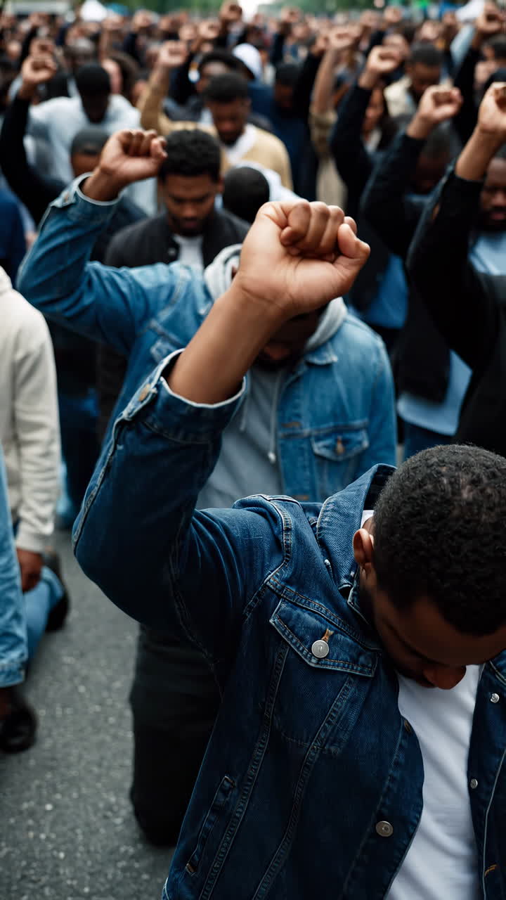 Uomini di colore inginocchiati per strada durante una protesta pacifica, organizzatori della comunità e giovani attivisti che alzano i pugni.
