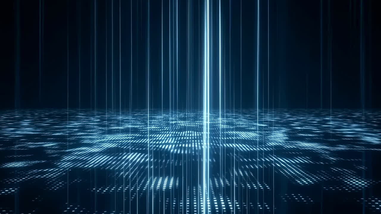 Pilastri di luce blu su griglia digitale, raggi radiosi convergono in una colonna centrale, superficie riflettente punteggiata.