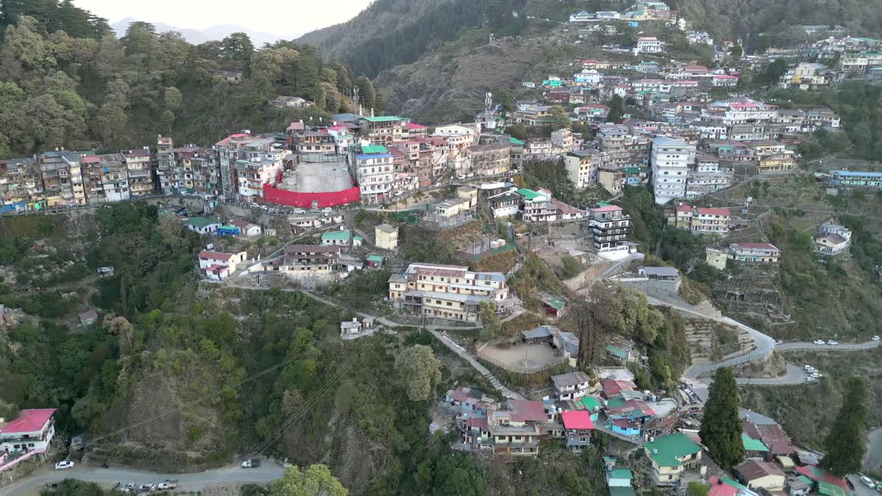 colorful buldings on hills in mussoorie bird eye view in india