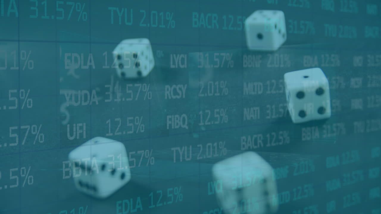 animación del procesamiento de datos financieros sobre el juego de dados cayendo