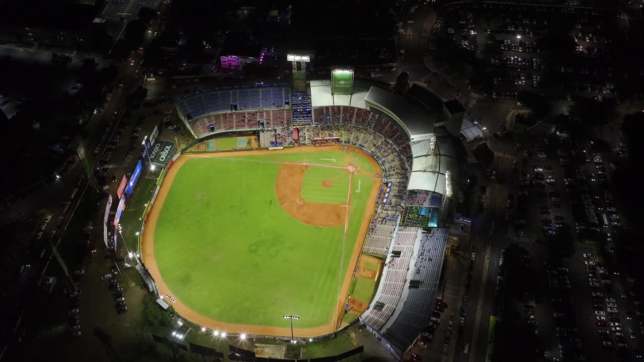 Aerial View of a Baseball Stadium at Night