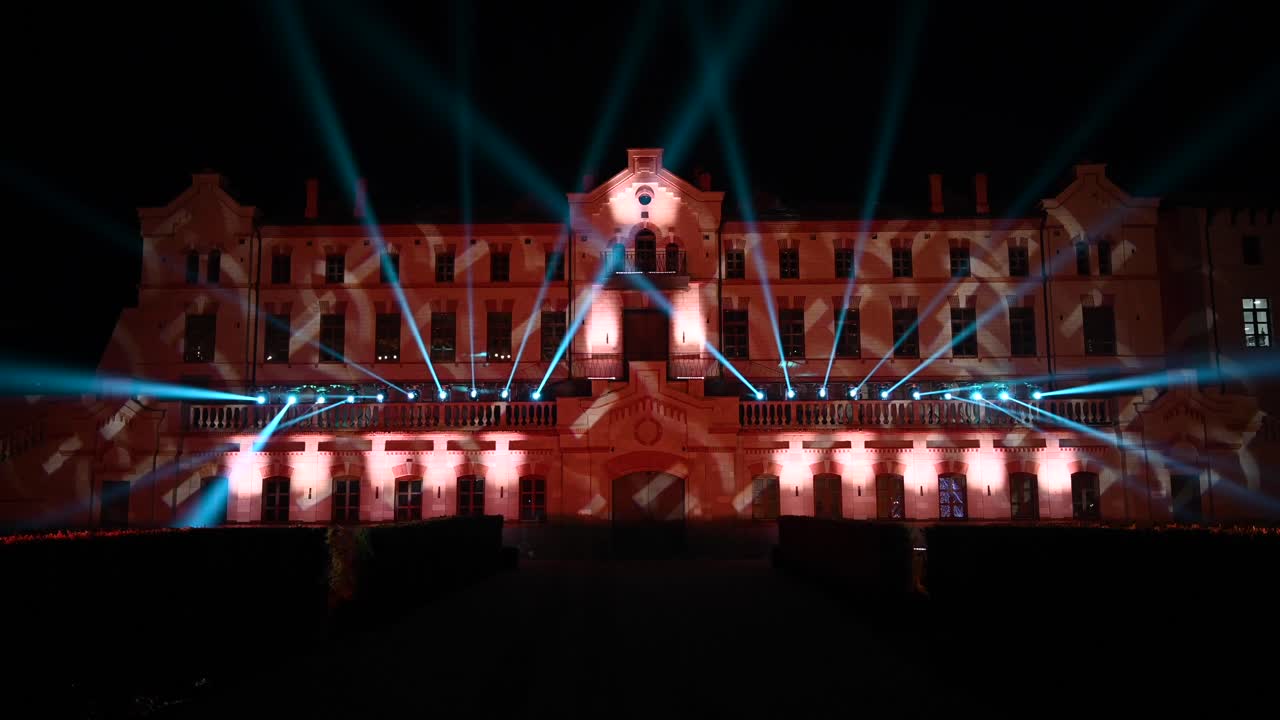Flashing lights on the facade of the Mimi Castle Winery in Bulboaca, Moldova