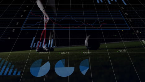 jugador de fútbol pateando la pelota con gráficos de datos financieros animación sobre el campo