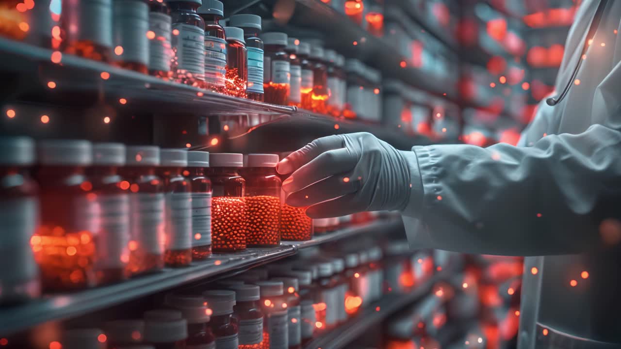 Hand in lab coat reaching for medication on a glowing pharmacy shelf