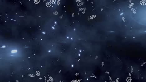 Digital-animation-of-snowflakes-against-light-trails-on-blue-background