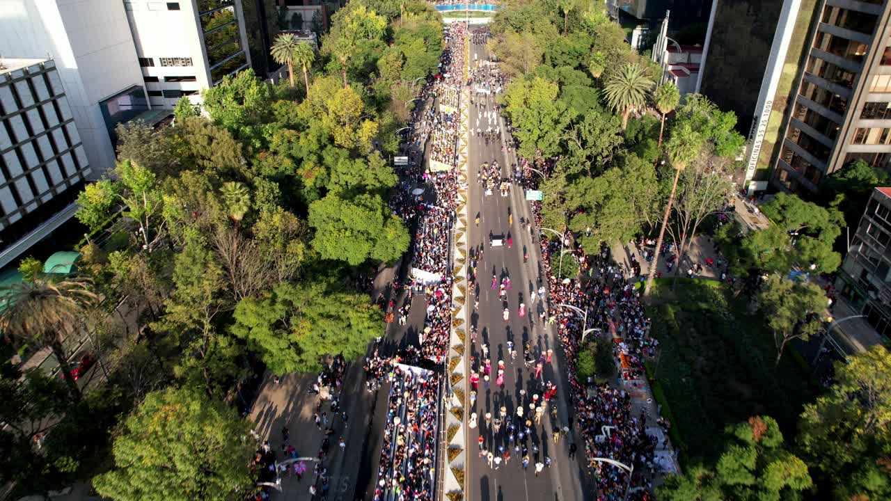Aerial view of a large public march or protest on a tree-lined city street