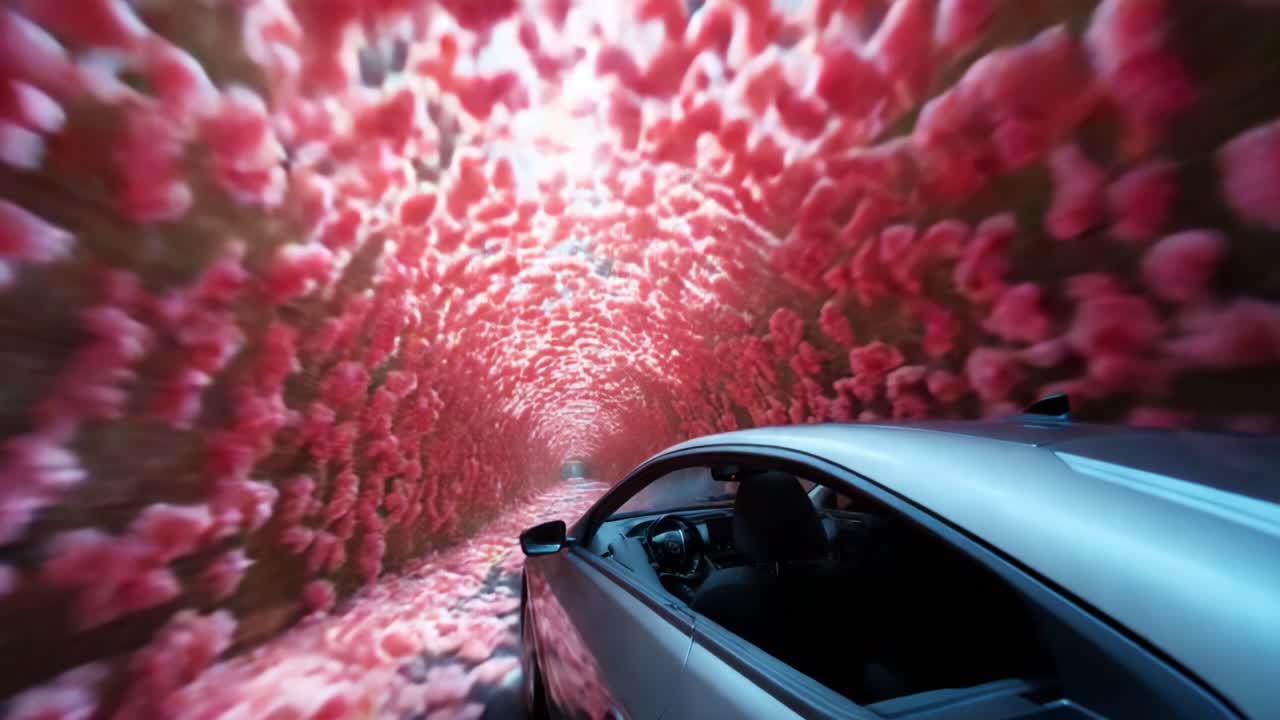 A mesmerizing journey through a vibrant tunnel of pink flowers, as a sleek car speeds through the colorful passage, showcasing an artistic and dreamlike visual experience