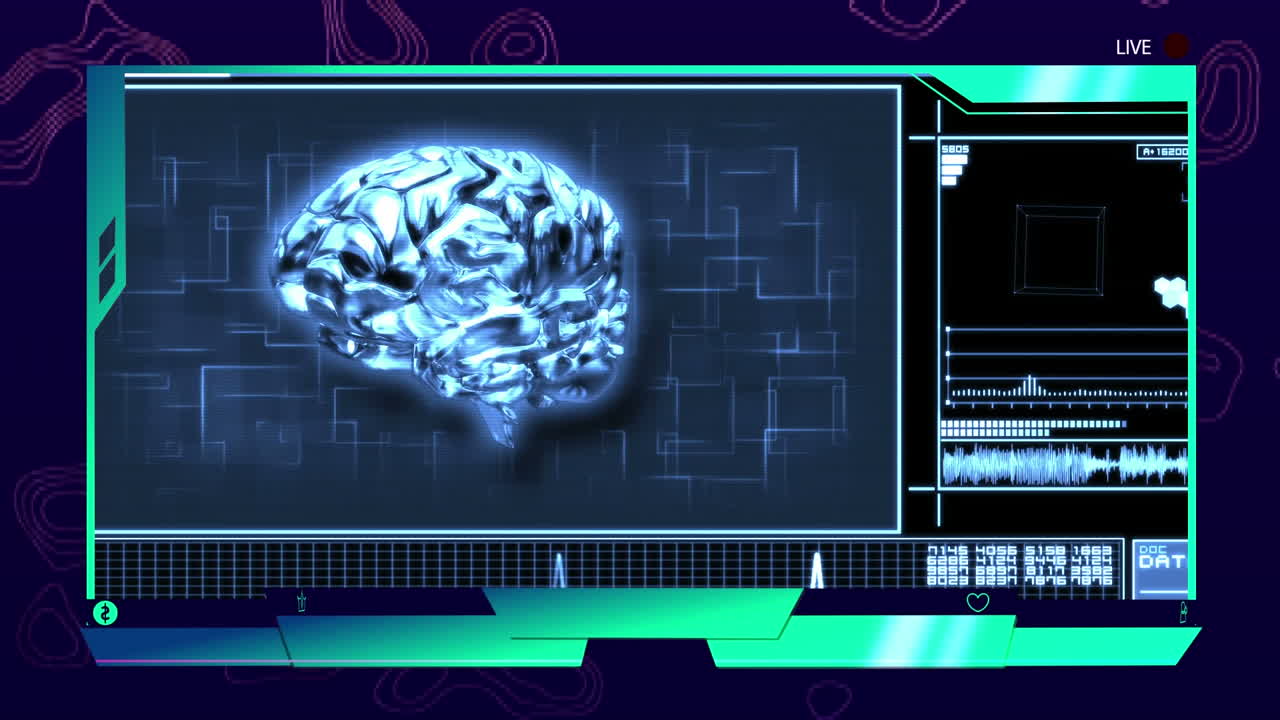 3d 뇌 애니메이션은 디지털 스크린에서 글로벌 의학 연구를 보여줍니다.