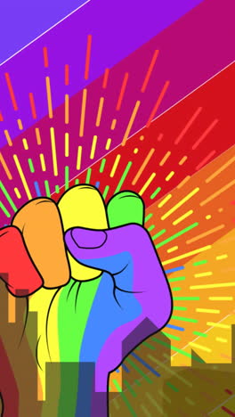 animation of fist over cityscape and rainbow