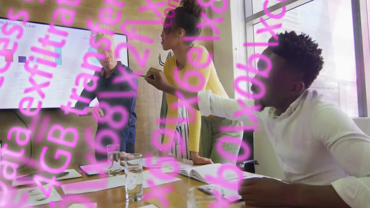 Team discussing as host pointing, pink overlay clearing, revealing bar chart during business review