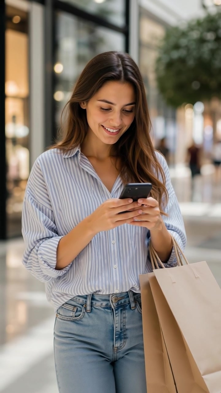 Giovane donna sorridente che usa il suo smartphone mentre cammina in un moderno centro commerciale.