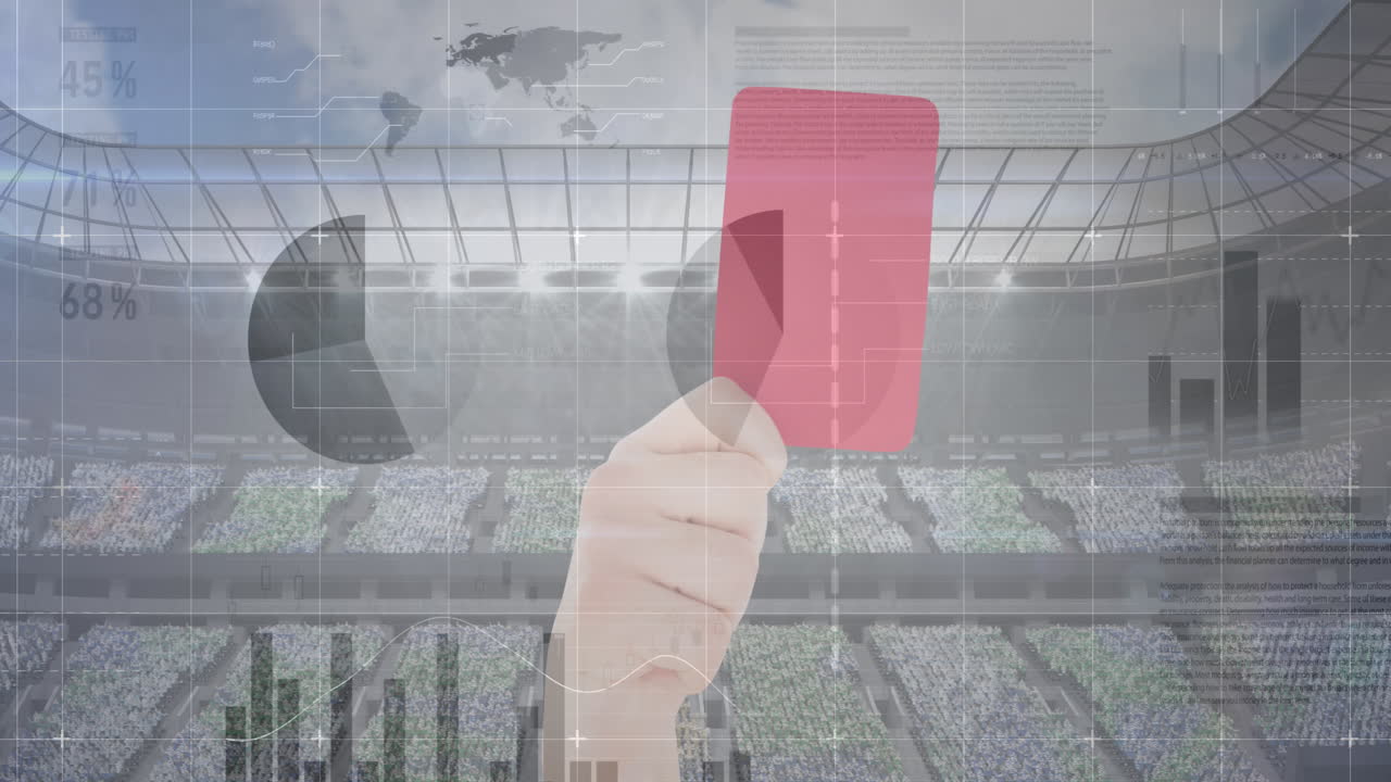 스포츠 경기장 배경에서 빨간 카드를 들고 있는 손에 대한 통계 데이터 처리