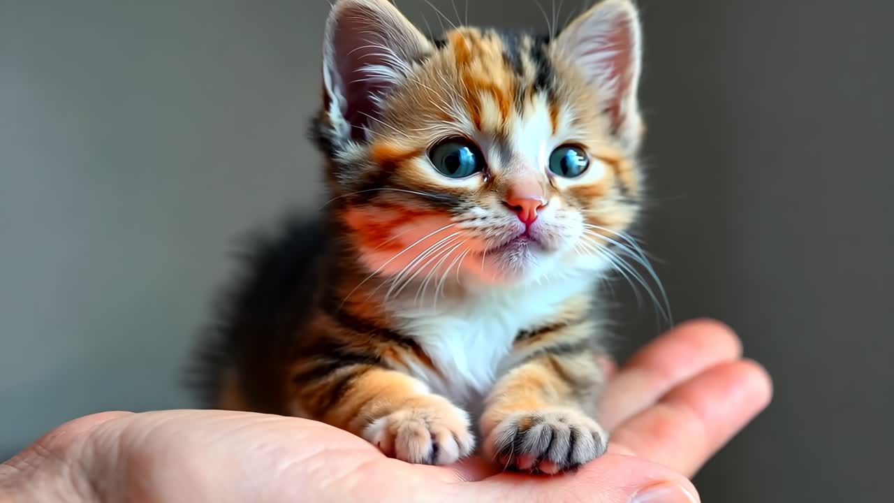 A small kitten sitting on top of a person's hand