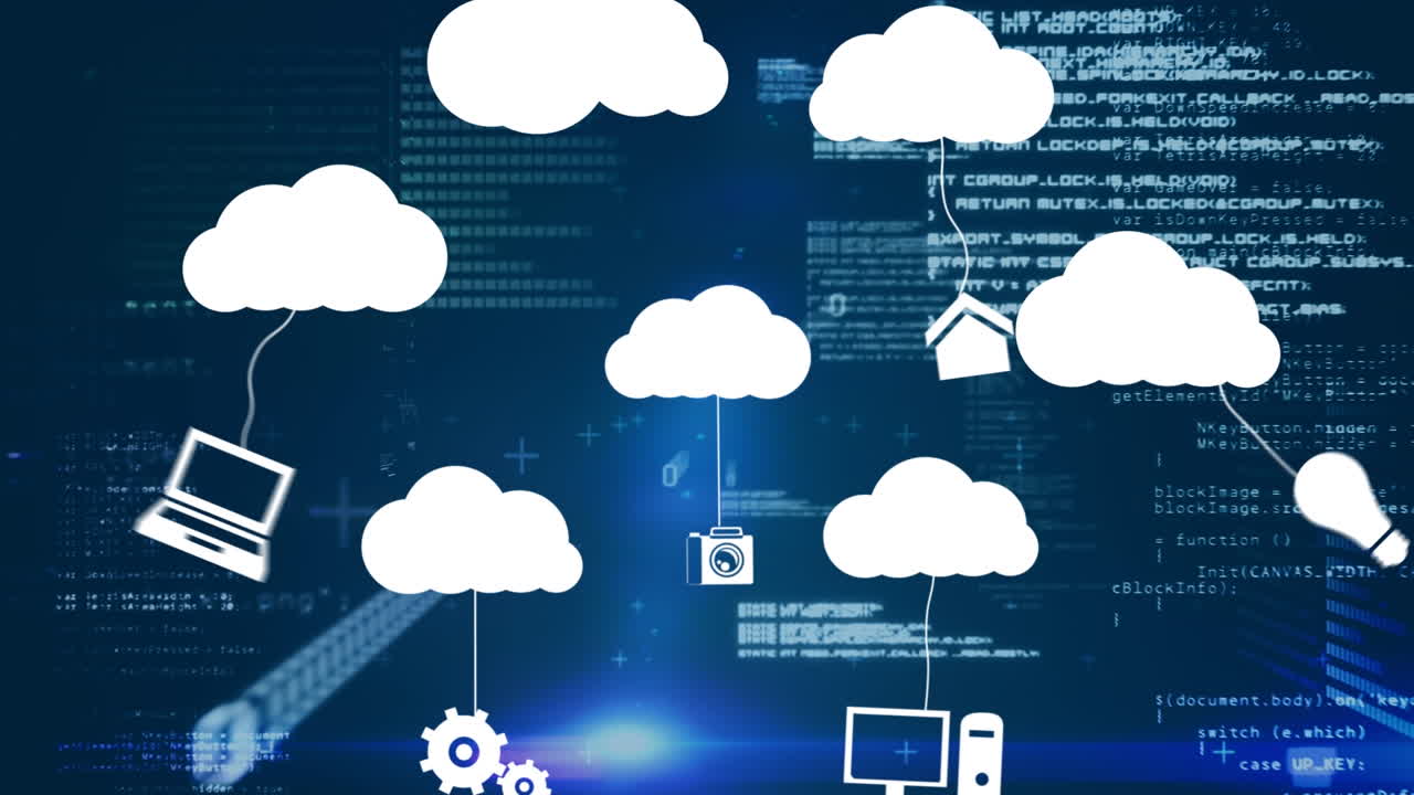 animación de iconos de nubes y procesamiento de datos sobre un fondo oscuro