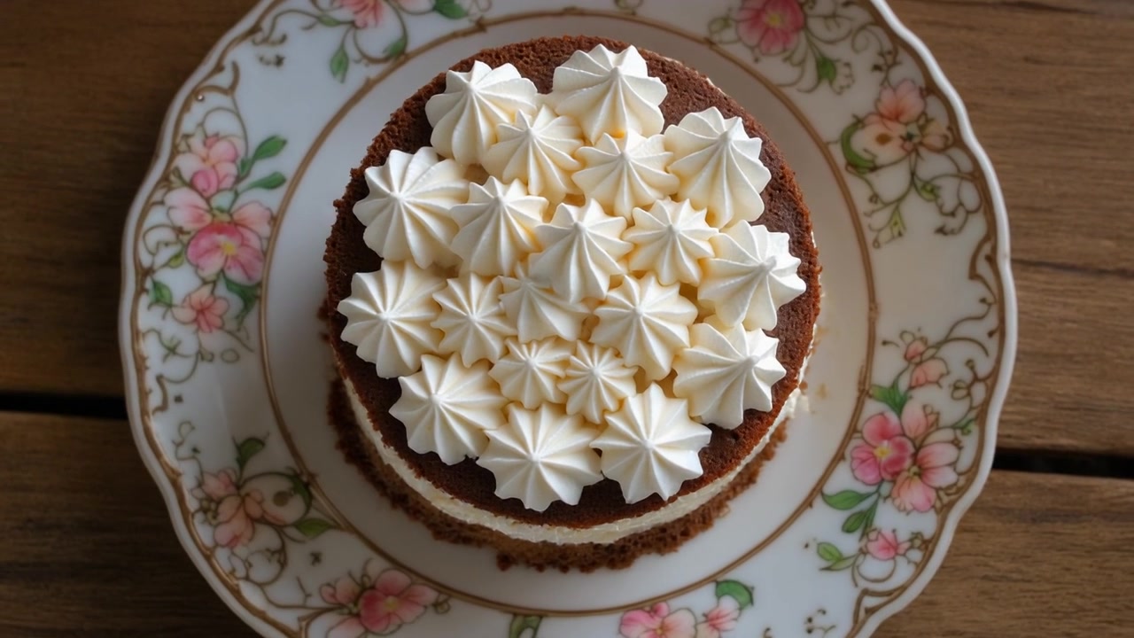 Tortino al cioccolato con copertura di panna montata su piatto floreale