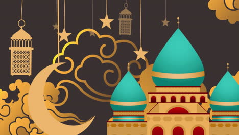 animation of arabic style rooftops with hanging moon, lamp and cloud symbols on black