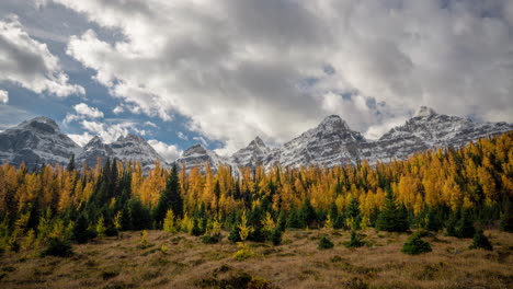 time lapse, autumn season in mountain range of canada, larch forest valley, snow capped peaks and clouds