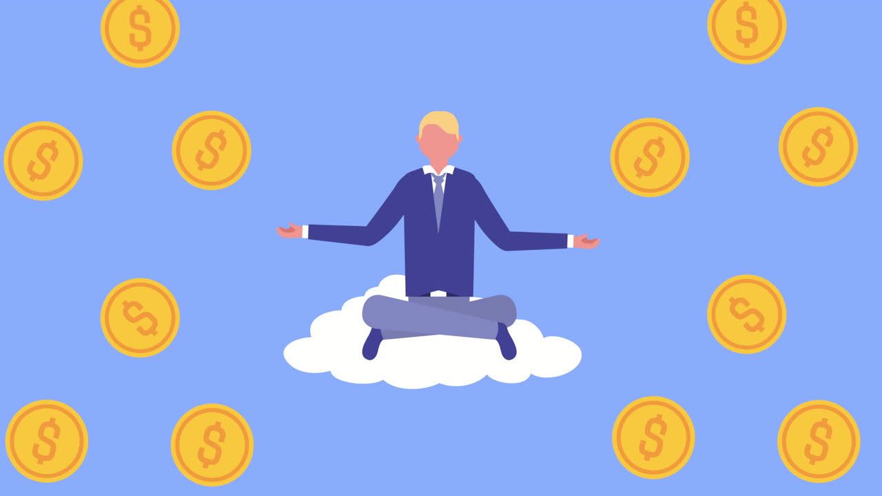 동전 비와 함께 로터스 위치에 앉아있는 사업가