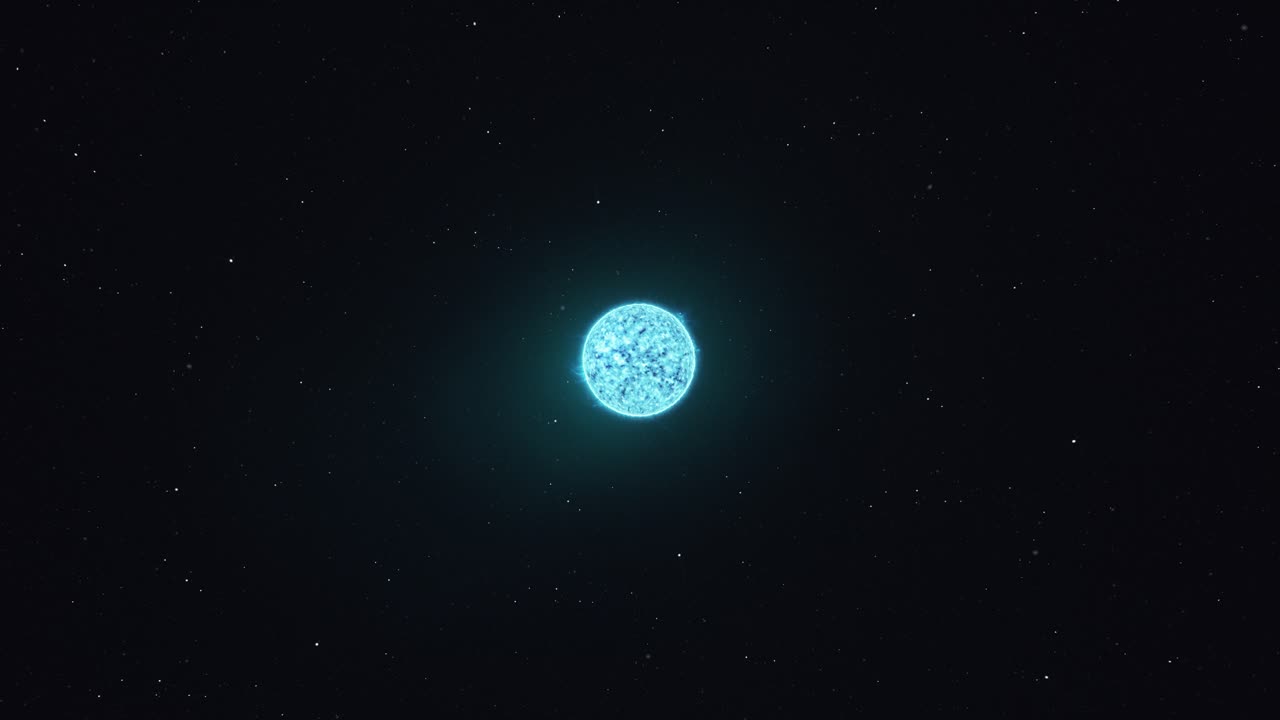 animación en 3d de la superficie caliente de una estrella azul orbitando en el espacio exterior con un fondo de estrellas
