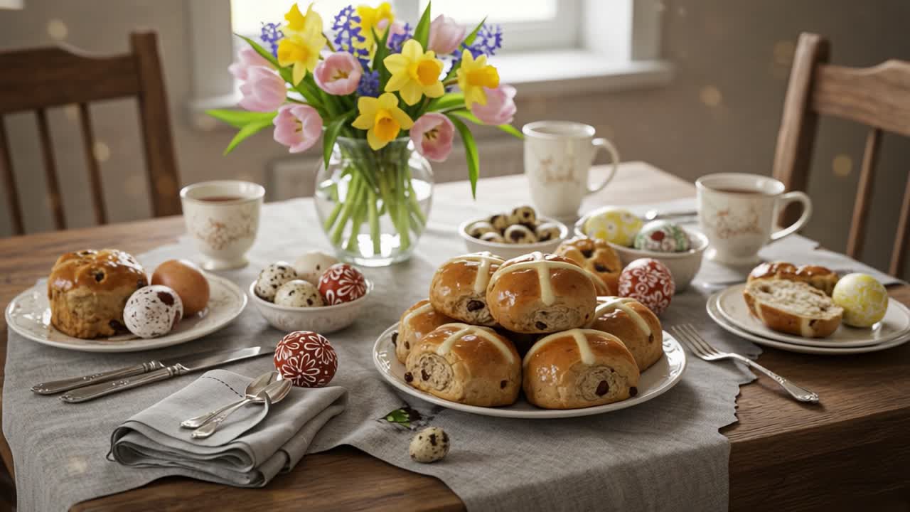 A Festive Spring Table Setting with Freshly Baked Hot Cross Buns, Colorful Easter Eggs, and Vibrant Flowers in Full Bloom, Perfect for Celebrating the Season