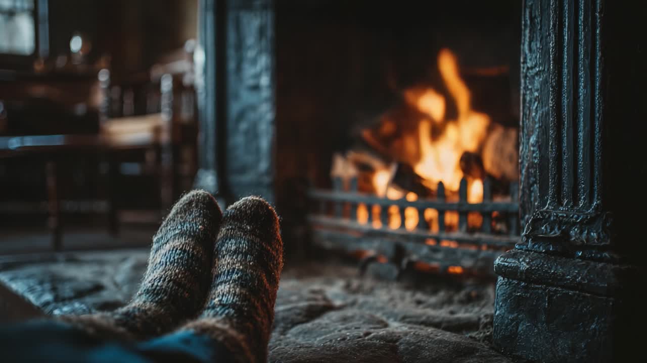 Cozy Winter Evening: A Warm Pair of Socks Relaxing by the Crackling Fireplace with Flickering Flames Providing Comfort and Warmth