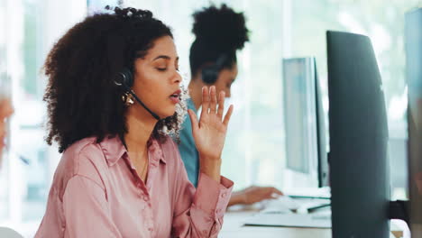 stress, tired or black woman in call center