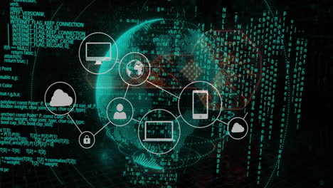 animation of connections with icons and digital data processing over globe