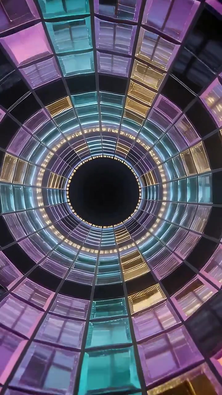 Video verticale: Telecamera che si inclina mostrando un pozzo con pannelli e luci rotanti in un atrio, creando una spirale.